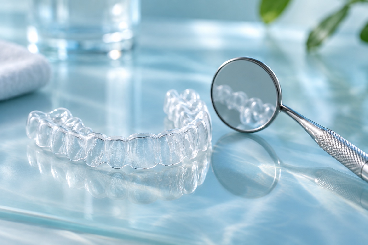 Composição ilustrativa com alinhador transparente e espelho odontológico